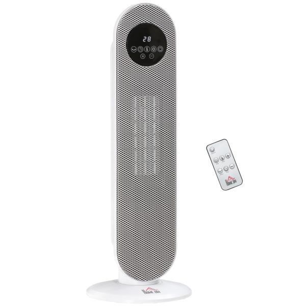 Aquecedor Elétrico Cerâmico PTC 1300/2000 W com Controlo Remoto, Oscilação 45°, Temporizador 12 h, Branco