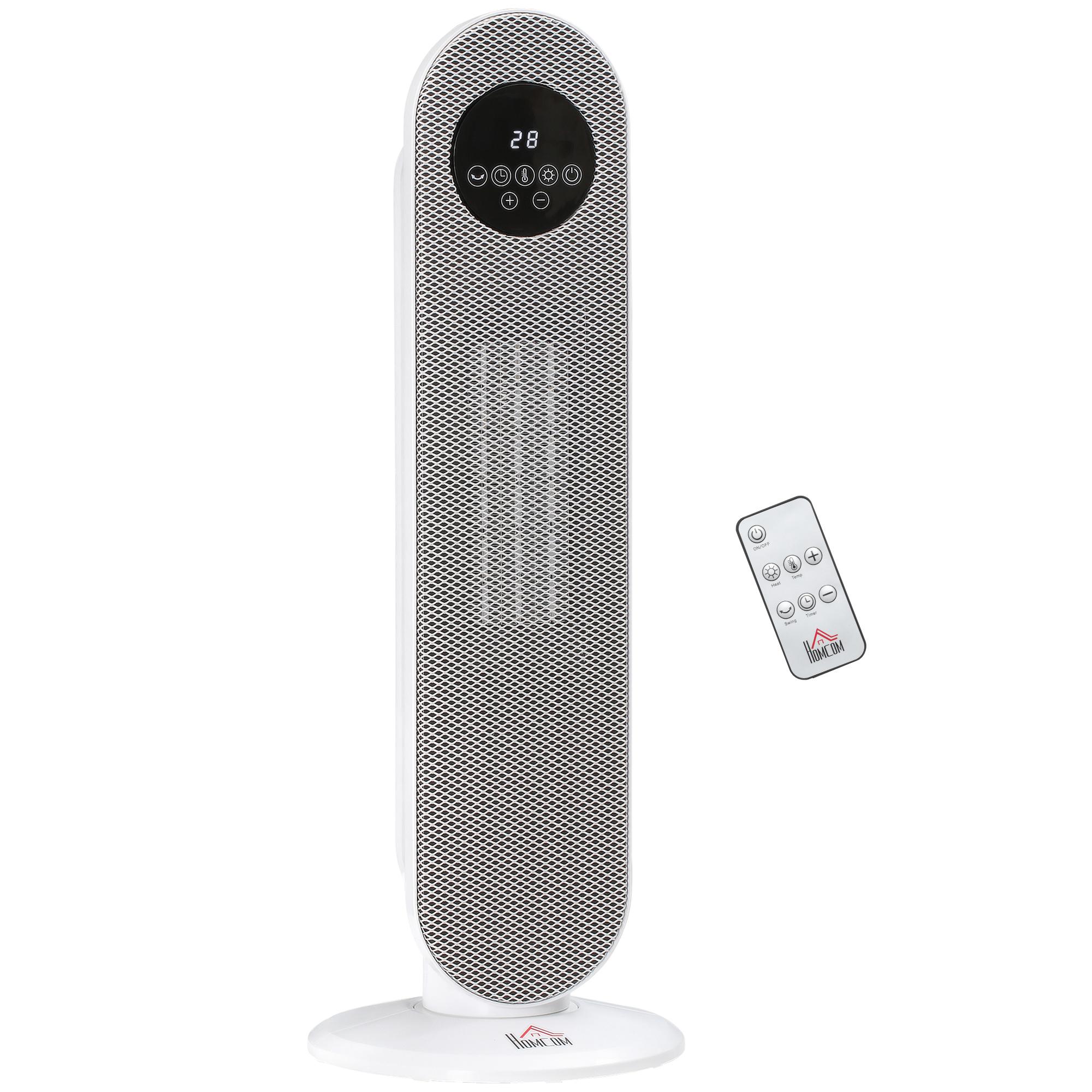Aquecedor Elétrico Cerâmico PTC 1300/2000 W com Controlo Remoto, Oscilação 45°, Temporizador 12 h, Branco