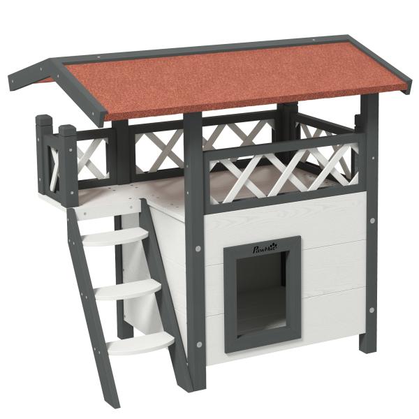 Casa para Gatos de Madeira 77x50x73cm Casa para Gatos com 2 Níveis com Teto Asfáltico Terraço Cercado Caverna e Escada Branco