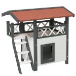 Casa para Gatos de Madeira 77x50x73cm Casa para Gatos com 2 Níveis com Teto Asfáltico Terraço Cercado Caverna e Escada Branco