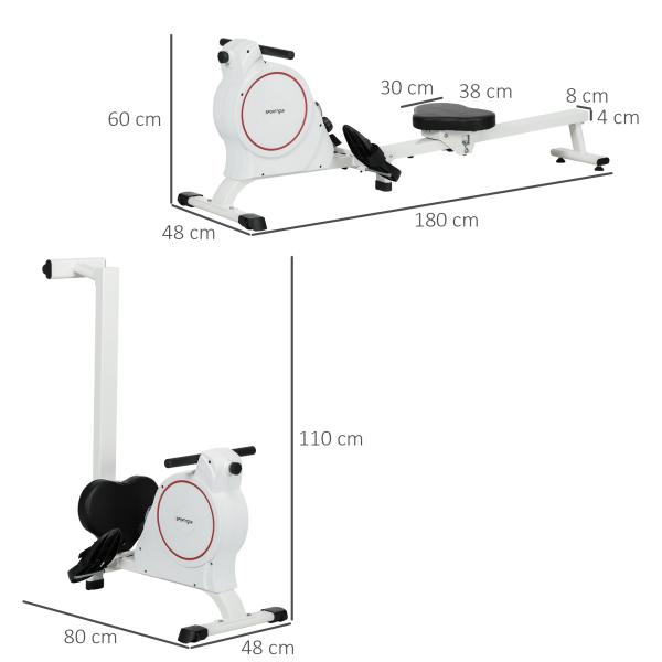 Máquina de Remo Dobrável com Resistência de 8 Níveis Ecrã LCD e 2 Rodas de Transporte 180x48x60 cm Branco