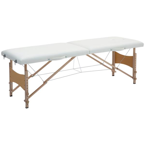 Marquesa de Massagem Dobrável com Estrutura em Madeira, Altura Ajustável e Bolsa de Transporte, 186x60x61 - 87 cm, Creme