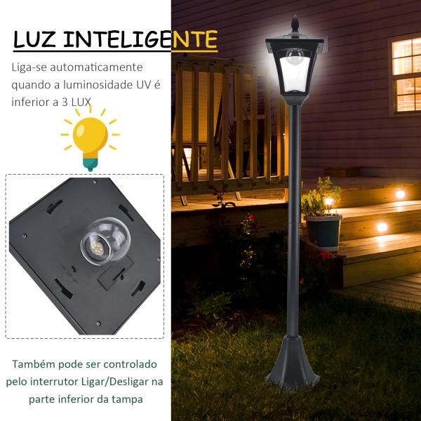 Candeeiro Solar para Jardim com Painel Solar Acendimento Automático e Estrutura de Aço Inoxidável 18x18x160 cm Preto