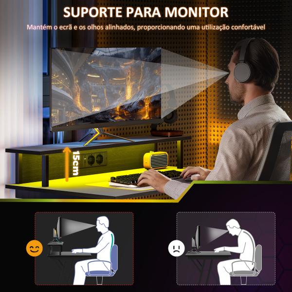 Secretária Gaming com Luzes LED 100x60 cm Tomadas de Corrente Suporte para Monitor Prateleiras e Comando Remoto Preto