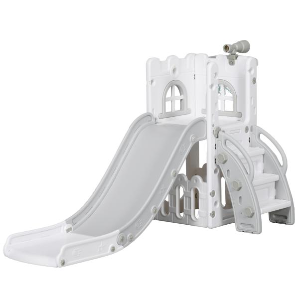 Escorrega Infantil 5 em 1 para Crianças com Cesto de Basquetebol Telescópio Escalador e Cesta Inferior 70x177x92 cm Branco e Cinza