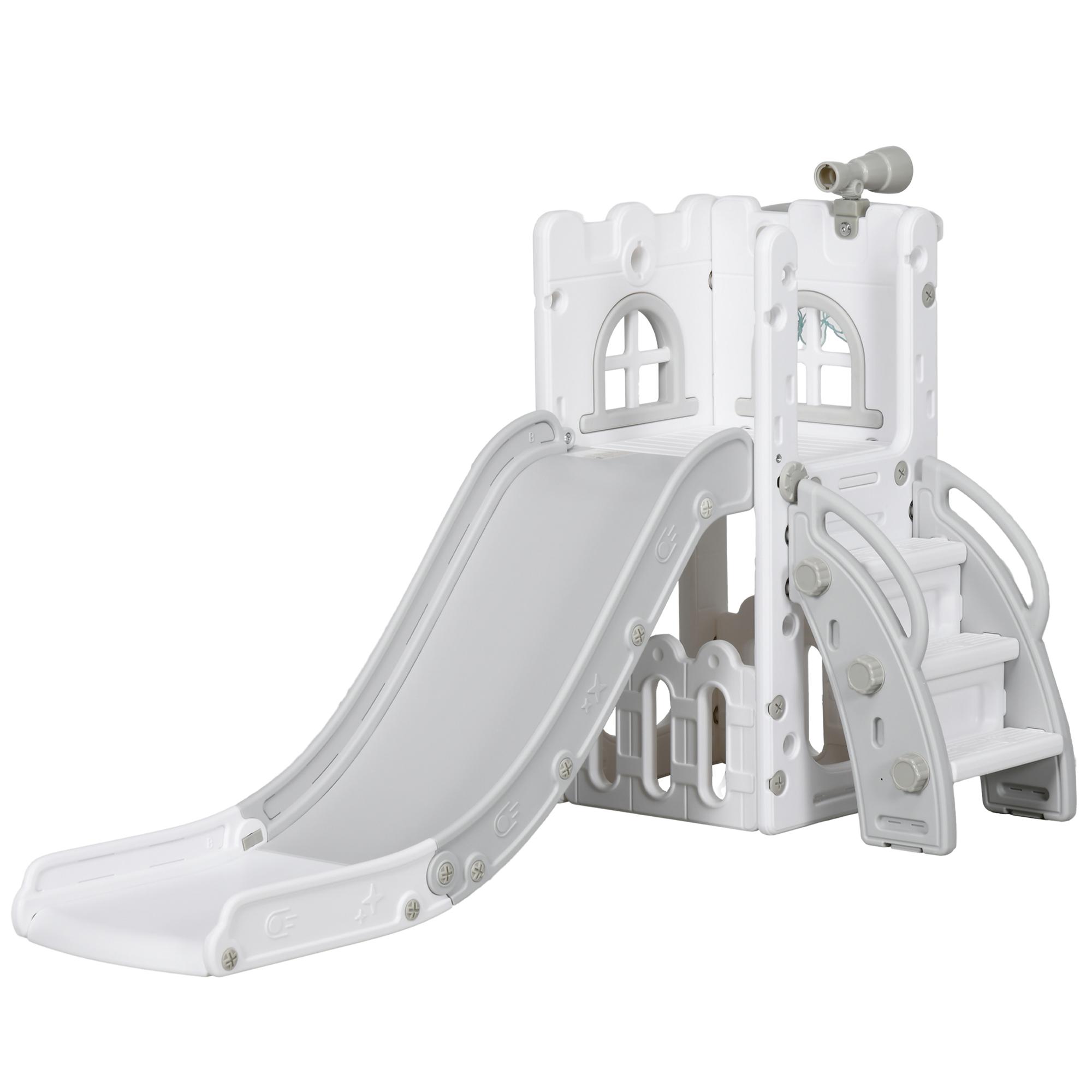 Escorrega Infantil 5 em 1 para Crianças com Cesto de Basquetebol Telescópio Escalador e Cesta Inferior 70x177x92 cm Branco e Cinza