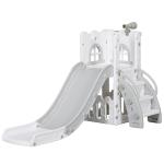 Escorrega Infantil 5 em 1 para Crianças com Cesto de Basquetebol Telescópio Escalador e Cesta Inferior 70x177x92 cm Branco e Cinza