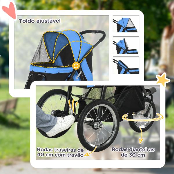 Carrinho para Cães Dobrável para Cães Médios e Pequenos com Cesta de Armazenamento Capota Ajustável 111x58x107 cm Azul