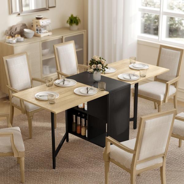 Mesa de Cozinha Dobrável com Arrumação Mesa de Refeição Compacta com 4 Prateleiras 169x60x75 cm Madeira e Preto