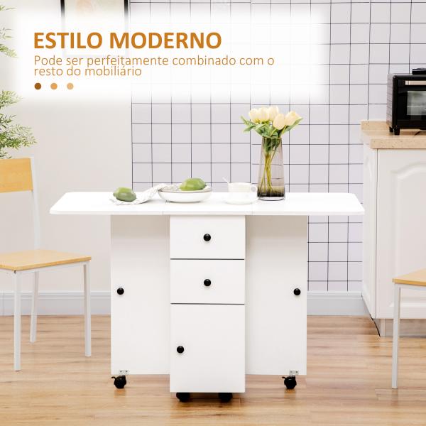 Mesa Dobrável c/ 2 Gavetas e Rodas para Jantar Mesa Auxiliar Multifuncional 120x60x76,5cm Branco