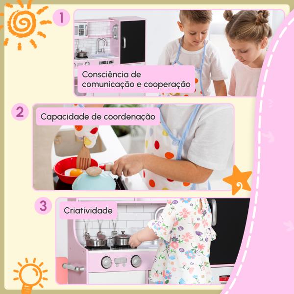 Cozinha de Brincar para Crianças acima de 3 anos Cozinha Infantil de Madeira com Acessórios Máquina de Gelo Ardósia e Telefone 83,8x26,8x81 cm Rosa