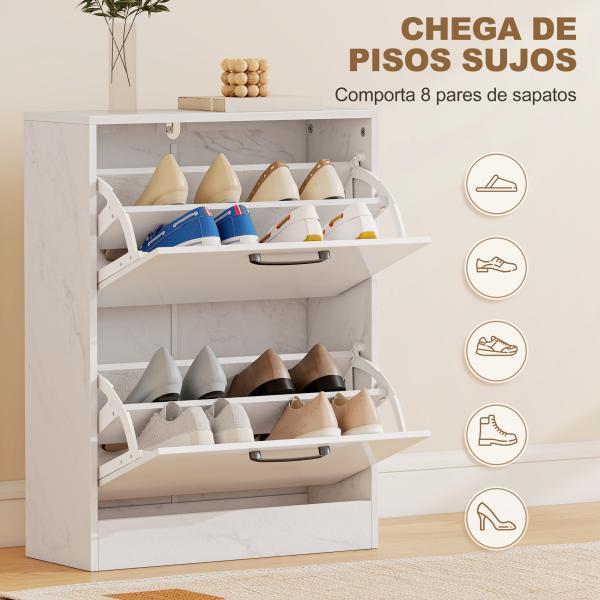 Sapateira Estreita 2 Portas de Alto Brilho com Prateleiras Ajustáveis Design Mármore para 8 Pares de Sapatos 60x24x80 cm Branco