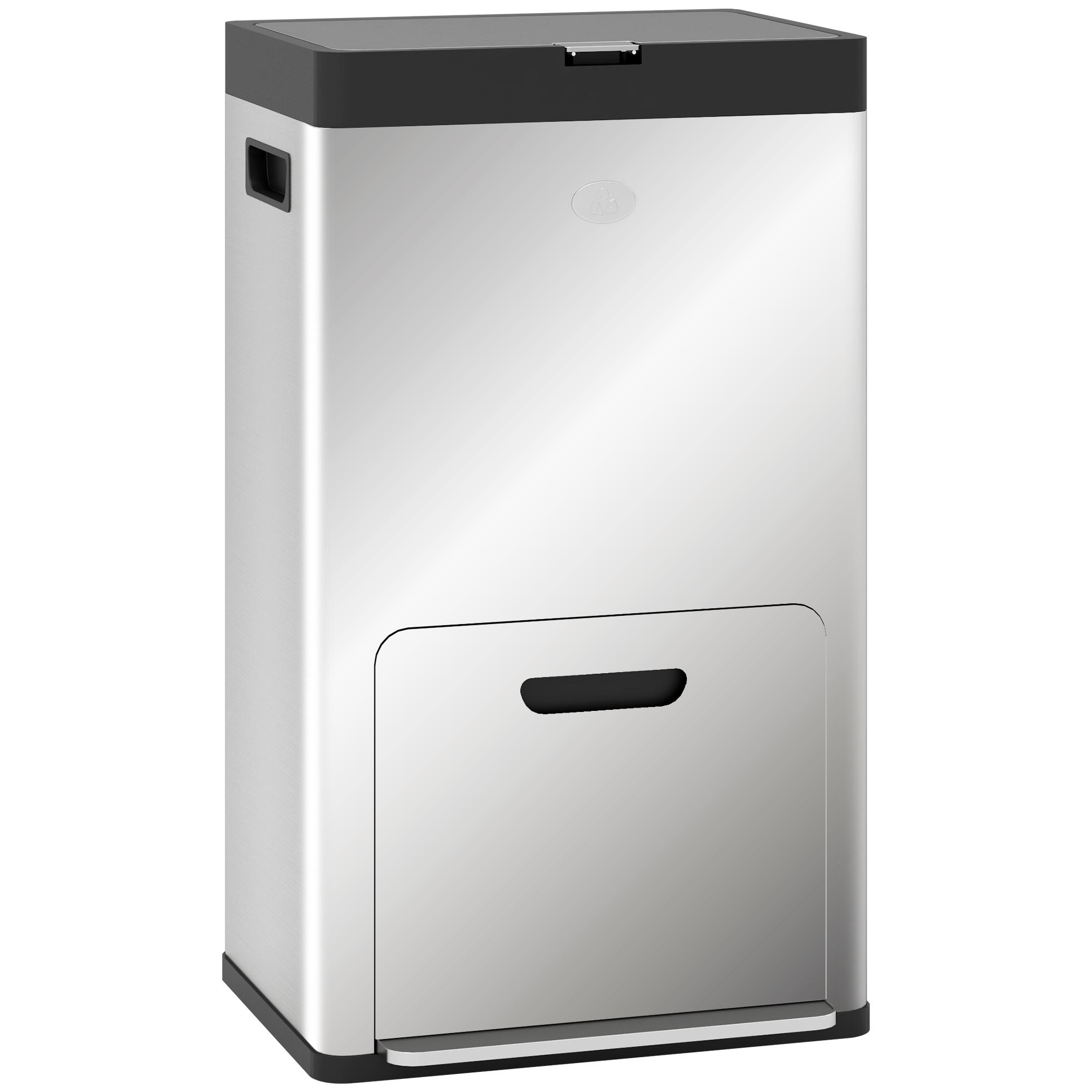 Caixote do Lixo de Cozinha 3 Compartimentos 2x18L+20L (56L) em Aço Inoxidável com Rodas e Tampa de Fecho Suave, Prateado
