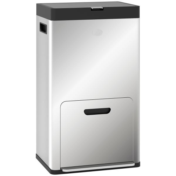 Caixote do Lixo de Cozinha 3 Compartimentos 2x18L+20L (56L) em Aço Inoxidável com Rodas e Tampa de Fecho Suave, Prateado