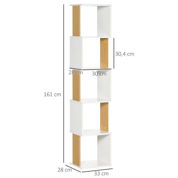 Estante de Livros em Forma de S Estante com 5 Prateleiras Abertas para Sala de Estar Escritório Anti - Tombo 33x28x161cm Branco