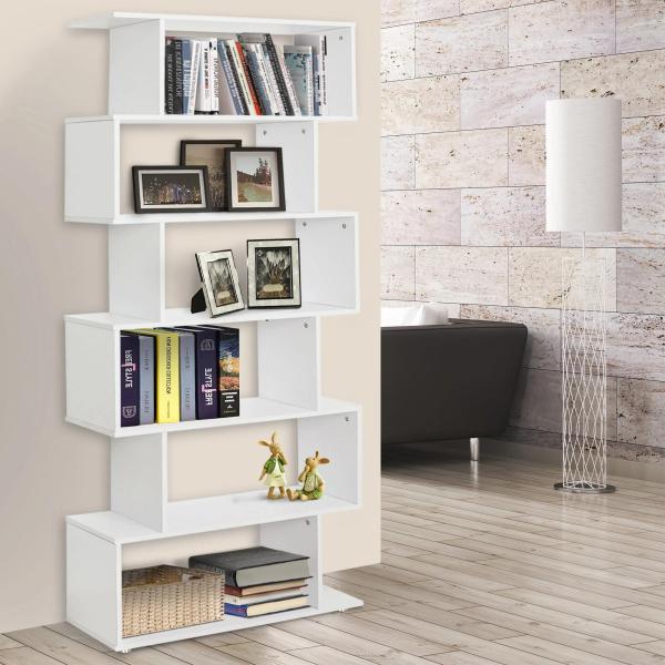 Estante Moderna com 6 prateleiras em forma de S Madeira 80 x 25 x 192 cm branco
