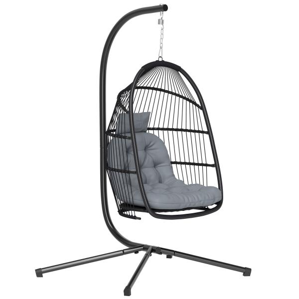 Cadeira Suspensa Tipo Ovo com Estrutura, Cesta Dobrável Almofada e Apoio de Cabeça para Interior e Exterior Suporta 150 kg Cinzento