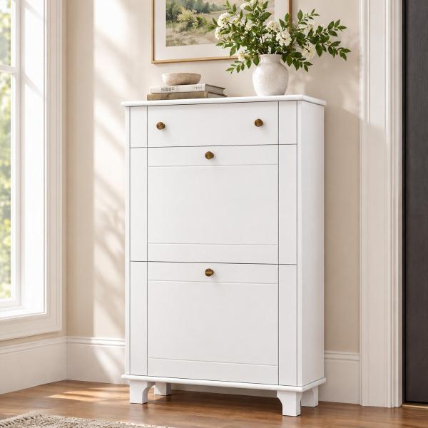 Sapateira Branca Móvel Sapateira Estreita com 2 Portas e 1 Gaveta para 8 Pares de Sapatos 60x23,5x98,5 cm Branco