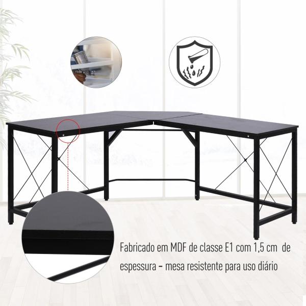 Secretária em Forma de L Secretária para Escritório com Estrutura de Metal Secretária de Canto 150x150x76 cm Preto
