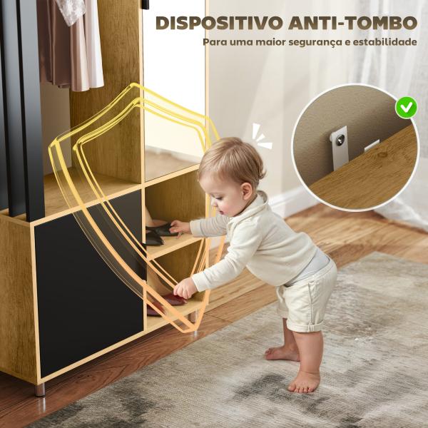 Roupeiro com Espelho e Porta Barra para Pendurar 2 Compartimentos Abertos Estilo Moderno 80x30x170 cm Madeira e Preto