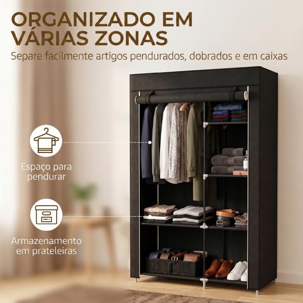 Roupeiro de Tecido Dobrável com 6 Prateleiras e 1 Barra de Pendurar para Dormitório Vestidor 103x43x162,5 cm Preto