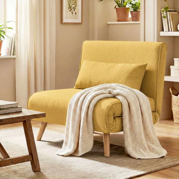 Sofá - Cama Individual Dobrável com Encosto Ajustável em 5 Posições, Sofá - Cama Estofado com Almofada 72x75x85 cm Amarelo