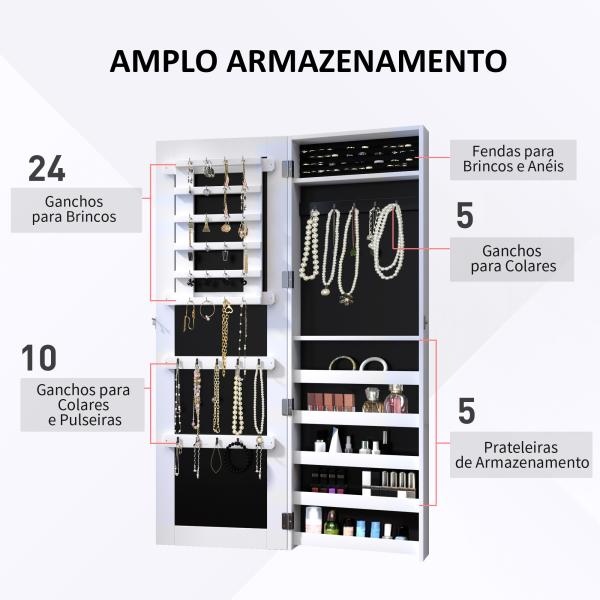 Espelho com Móvel de Bijuterias de Parede Espelho de Parede Organizador de Jóias com Ganchos e Ranhuras para Dormitórios 37x9,5x112cm Branco