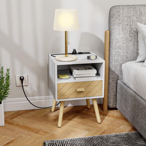 Mesa de Cabeceira com Estação de Carregamento Gaveta 2 Tomadas AC Porta USB e Tipo - C 40x35x54,7 cm Branco