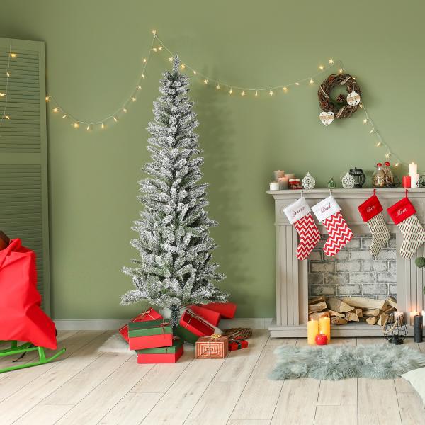 Árvore de Natal 180cm Neve Artificial com 394 Ramos Ignífugos de PVC Base Dobrável e Suporte de Aço Decoração de Natal para Interiores Ø60x180cm Verde e Branco