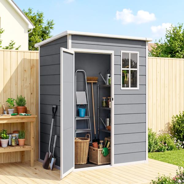 Abrigo de Jardim 1,14 m² 151x92x193 cm Abrigo de Exterior Metálico com Chão Porta de Correr Janela e Teto Inclinado Cinzento