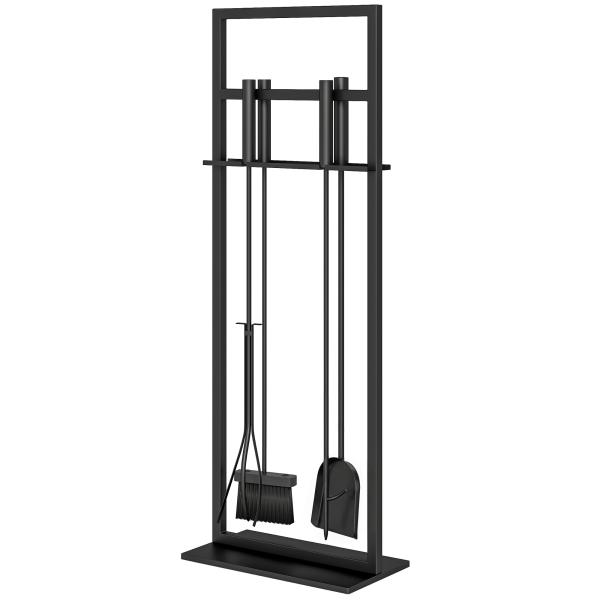 Conjunto de Utensílios para Lareira de 5 Peças em Metal com Escova, Pá, Atiçador, Pinça e Suporte, Preto