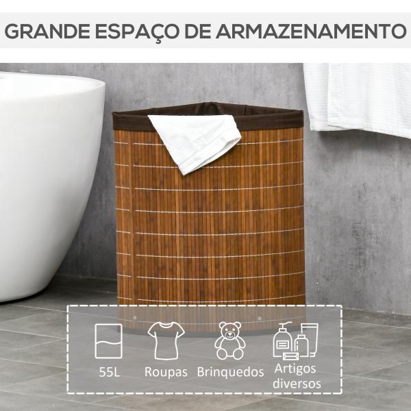 Cesto de Roupa de Bambu Capacidade de 55L Cesto para Roupa Suja com Tampa e Bolsa Amovível 38x38x57cm Marrom