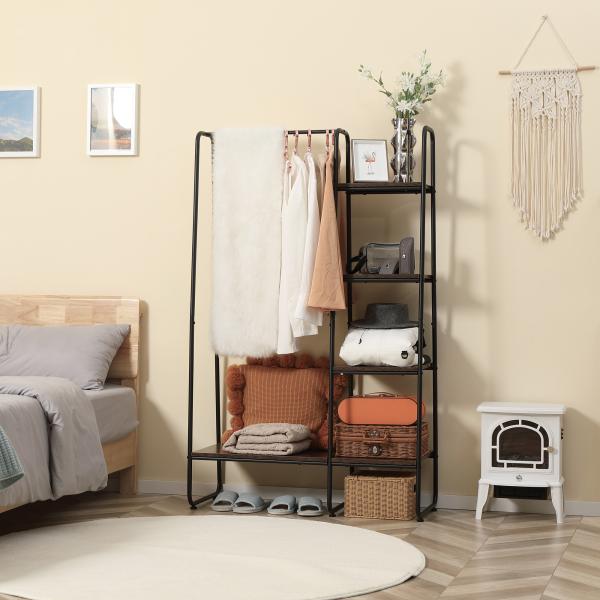 Suporte para Cabides com 4 Prateleiras de Armazenamento e Barra de Pendurar Estilo Industrial 101x39x160cm Marrom e Preto
