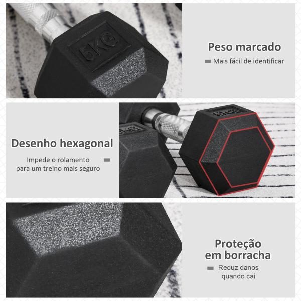 Conjunto de Halteres Hexagonais 2 x 5 kg Conjunto de Pesos com Barras de Conexão Kit de Treino de Fitness