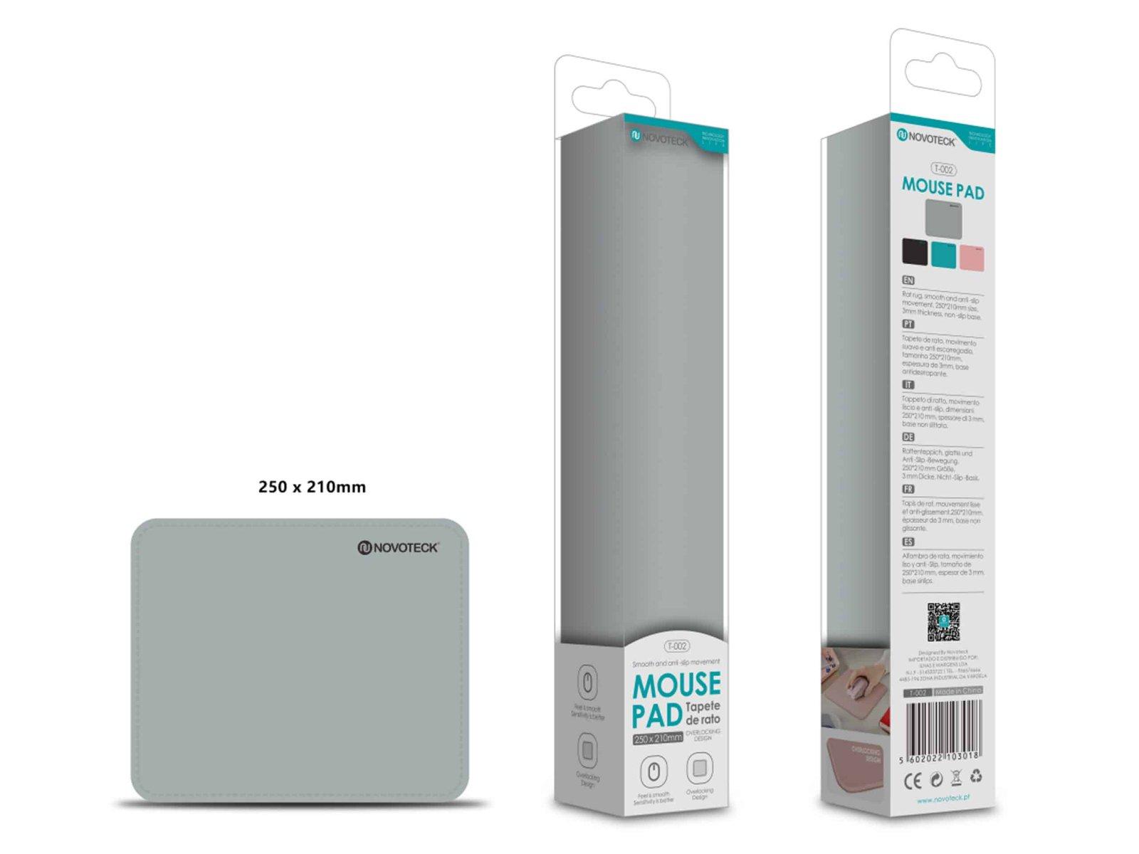 Tapete de Rato T-002 Superfície Otimizada, 250x210mm, Base Antiderrapante, Cor Cinzento