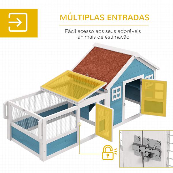 Coelheira Exterior de Madeira 162,5x59,2x77,6 cm Gaiola para Coelhos Grande com 2 Janelas Rodas Rampa e Teto Asfáltico Azul
