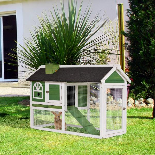 Coelheira de Madeira 120x60x79 cm Coelheira com Teto Asfáltico Bandeja Removível Escada e Chaminé para Exterior Verde
