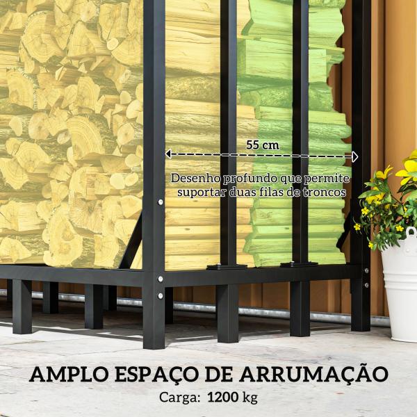 Suporte para Lenha com Cobertura Estante para Lenha de Metal com Estrutura Reforçada e Anéis de Bloqueio 143x70x145 cm Preto