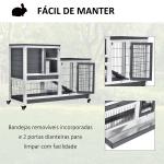 Coelheira de Madeira Interior com Rodas Gaiola para Coelhos Animais Pequenos de 2 Pisos com Zona Aberta Rampa e 2 Bandejas Removíveis 110x50x86cm Cinza