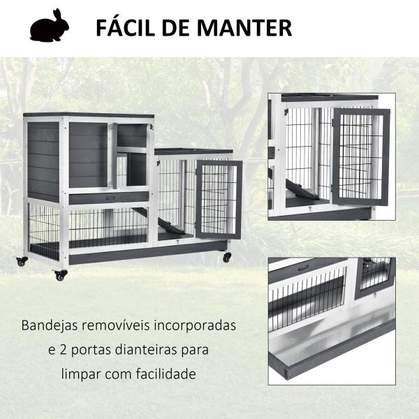 Coelheira de Madeira Interior com Rodas Gaiola para Coelhos Animais Pequenos de 2 Pisos com Zona Aberta Rampa e 2 Bandejas Removíveis 110x50x86cm Cinza
