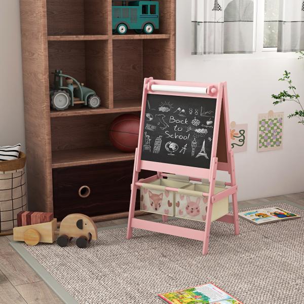 Cavalete para Crianças 3 em 1 Cavalete de Arte com Rolo de Papel Quadro e 2 Cestas de Armazenamento 54x46,5x93 cm Rosa