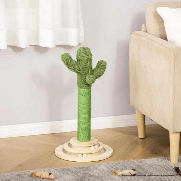 Poste Arranhador para Gatos em Forma de Cactus Pequena Árvore Arranhadora para Gatos com Poste de Sisal e Pelúcia Bola Suspensa e Base com Brinquedo de Madeira 32x32x60cm Verde