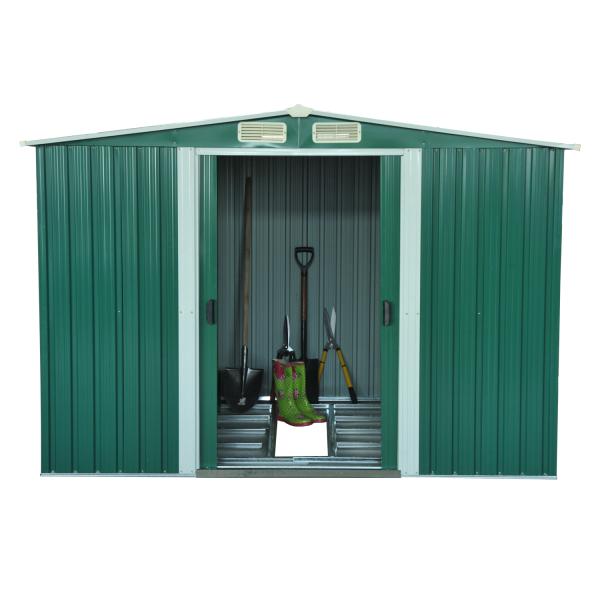 Abrigo de Jardim 258x206x178cm 5,3m² Abrigo de Aço Galvanizado com Portas de Correr e Ventilações para Armazenamento de Ferramentas Jardinagem Verde