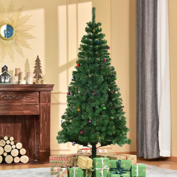 Árvore de Natal Artificial 180cm Ignífugo com 624 Ramos 48 Decorações Folhas de PVC e Suporte Metálico Verde
