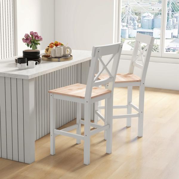 Conjunto de 2 Bancos de Bar de Madeira com Encosto e Apoio para os Pés Estilo Rústico para Cozinha 41x46x97.5 cm Natural