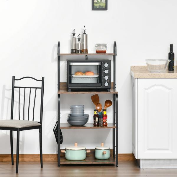Estante de Cozinha Estante para Microondas com 4 Níveis Ganchos e Pés Ajustáveis Estante de Armazenamento 60x40x125 cm Marrom Rústico