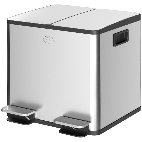 Balde de Lixo de Cozinha com 2 Compartimentos 2x15L Pedal Tampa de Fechamento Suave e Cubo Amovível Prata