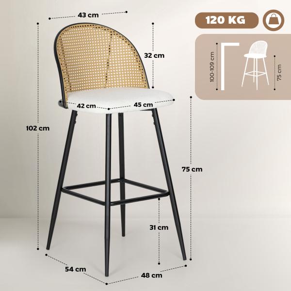 Conjunto de 2 Bancos de Bar Bancos Altos de Cozinha com Encosto de Vime Assento Estofado em Borrego 48x54x102 cm Creme