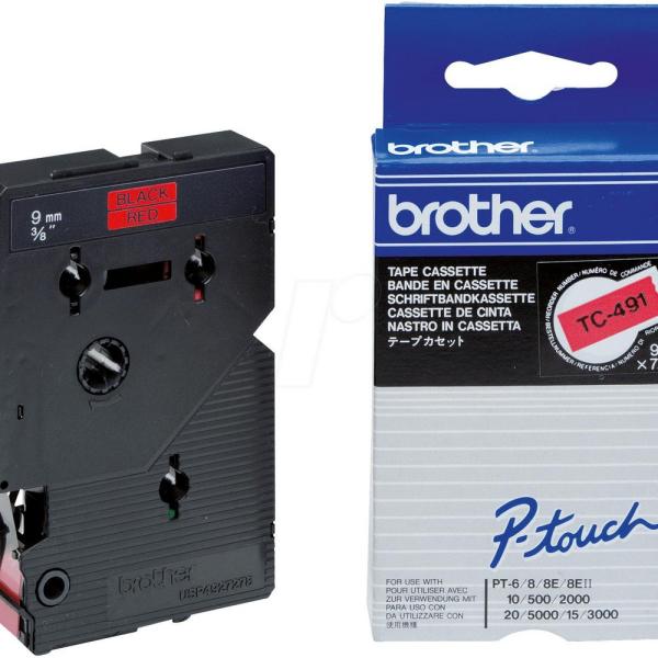 Fita Laminada TC - 491 Preto Sobre Vermelho (7,7mts/0,9cm) - BROTHER