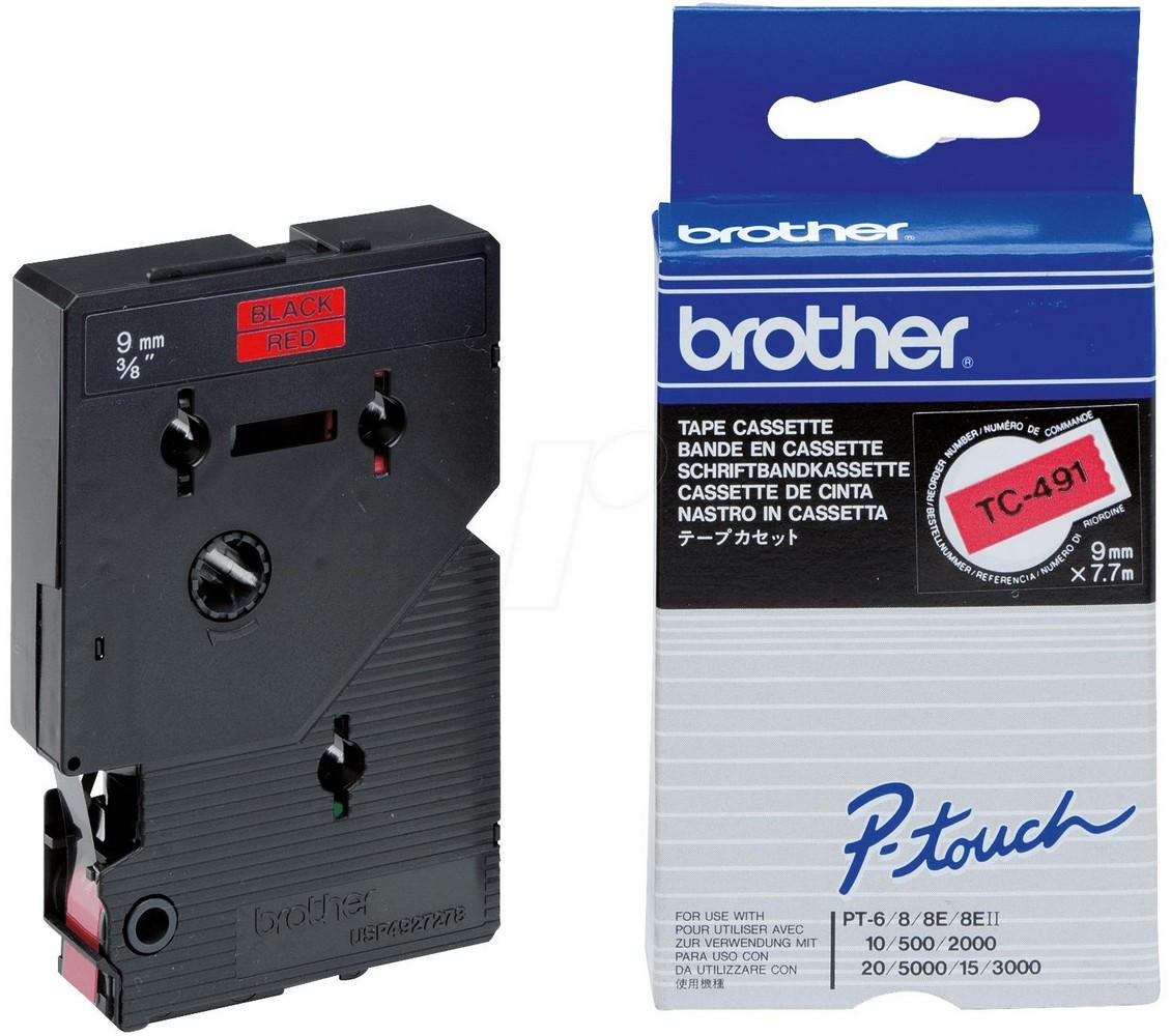 Fita Laminada TC - 491 Preto Sobre Vermelho (7,7mts/0,9cm) - BROTHER